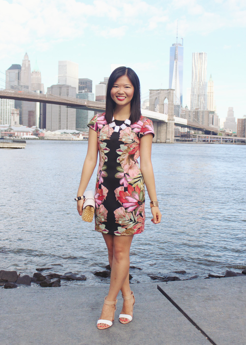 Skirt The Rules Blog; NYC fashion blogger; style blog; 2013 pre-fall outfit photos; London Times Mirror Print Scuba Dress; Banana Republic white sparkle stone necklace; Michael Kors white leather straw clutch; Juicy Couture black pave pyramid stretch bracelet; CC Skye Maize gold geometric bracelet; Zara white beige colorblock heel