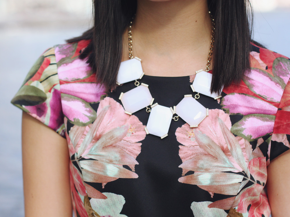 Skirt The Rules Blog; NYC fashion blogger; style blog; 2013 pre-fall outfit photos; London Times Mirror Print Scuba Dress; Banana Republic white sparkle stone necklace; Michael Kors white leather straw clutch; Juicy Couture black pave pyramid stretch bracelet; CC Skye Maize gold geometric bracelet; Zara white beige colorblock heel