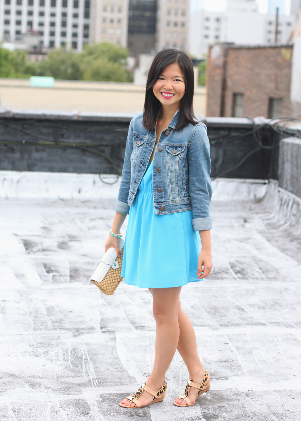 Skirt The Rules Blog; NYC fashion blogger; style blog; summer outfit photos; Lulu*s Show and Tell electric blue dress; American Eagle denim jacket; Juicy Couture fringe necklace; The Rad Market Mimo turquoise gold bracelet; Michael Kors white leather straw clutch; Kate Spade Veronica leopard sandal wedge