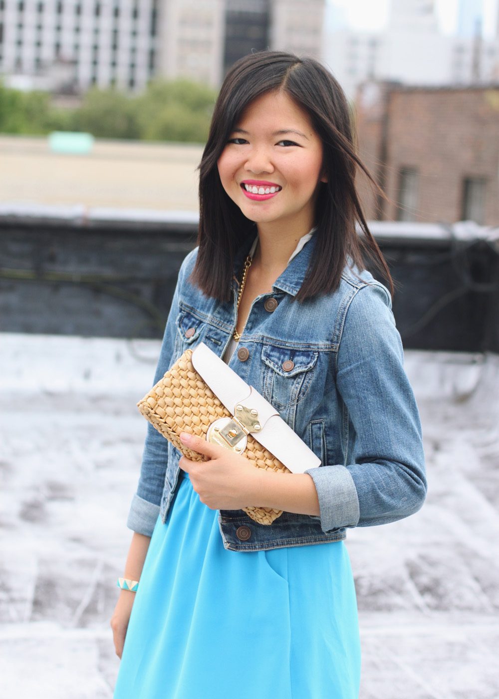 Skirt The Rules Blog; NYC fashion blogger; style blog; summer outfit photos; Lulu*s Show and Tell electric blue dress; American Eagle denim jacket; Juicy Couture fringe necklace; The Rad Market Mimo turquoise gold bracelet; Michael Kors white leather straw clutch; Kate Spade Veronica leopard sandal wedge