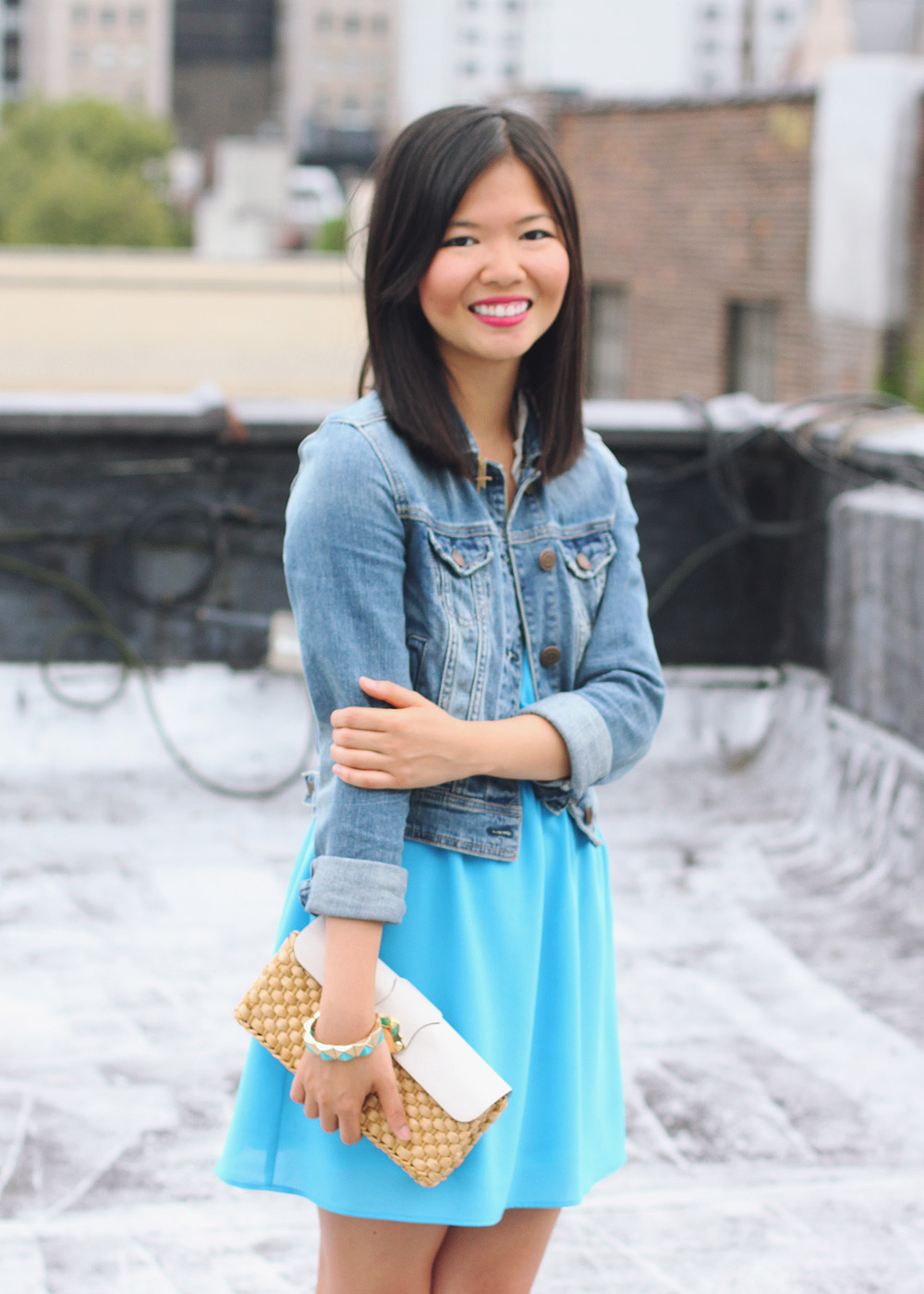 Skirt The Rules Blog; NYC fashion blogger; style blog; summer outfit photos; Lulu*s Show and Tell electric blue dress; American Eagle denim jacket; Juicy Couture fringe necklace; The Rad Market Mimo turquoise gold bracelet; Michael Kors white leather straw clutch; Kate Spade Veronica leopard sandal wedge