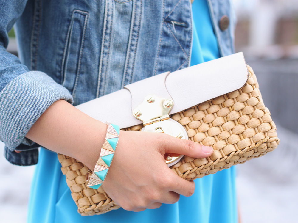 Skirt The Rules Blog; NYC fashion blogger; style blog; summer outfit photos; Lulu*s Show and Tell electric blue dress; American Eagle denim jacket; Juicy Couture fringe necklace; The Rad Market Mimo turquoise gold bracelet; Michael Kors white leather straw clutch; Kate Spade Veronica leopard sandal wedge