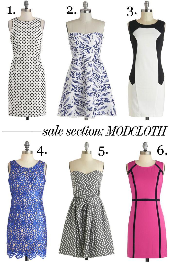 Skirt The Rules Blog; NYC fashion blogger; style blog; sale shopping collage; ModCloth Last Hurrah Sale;  Tidal Party blue lace Dress; Minimalist Chic black and white colorblock Dress; Color, Texture, Flatter Dress; Going On Contour hot pink Dress; Best Ben-Day Ever black and white polka dot Dress; Make It Zig Dress; 
