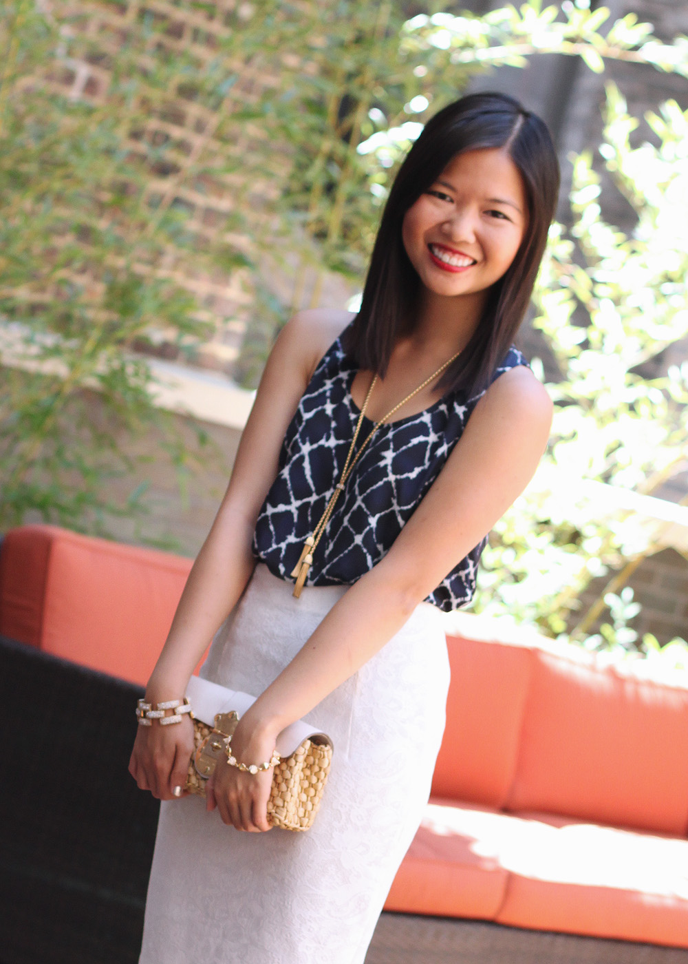 Skirt The Rules Blog; NYC fashion blogger; style blog; summer outfit; Forever 21 navy and white tank; J.Crew Double Tassel necklace; Zara white lace pencil skirt; Michael Kors white leather straw clutch; J.Crew pave square link bracelet; CC SKYE Mercy Princess pave cone bracelet; Zara beige white colorblock sandal