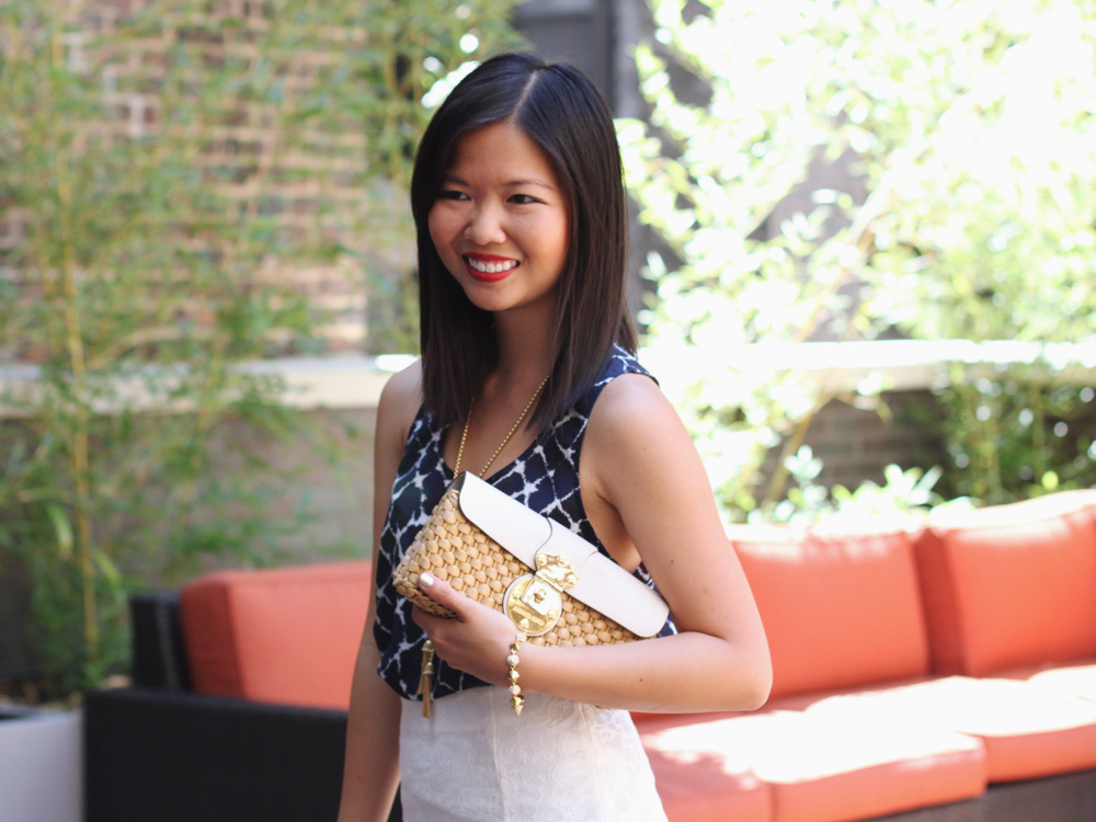Skirt The Rules Blog; NYC fashion blogger; style blog; summer outfit; Forever 21 navy and white tank; J.Crew Double Tassel necklace; Zara white lace pencil skirt; Michael Kors white leather straw clutch; J.Crew pave square link bracelet; CC SKYE Mercy Princess pave cone bracelet; Zara beige white colorblock sandal