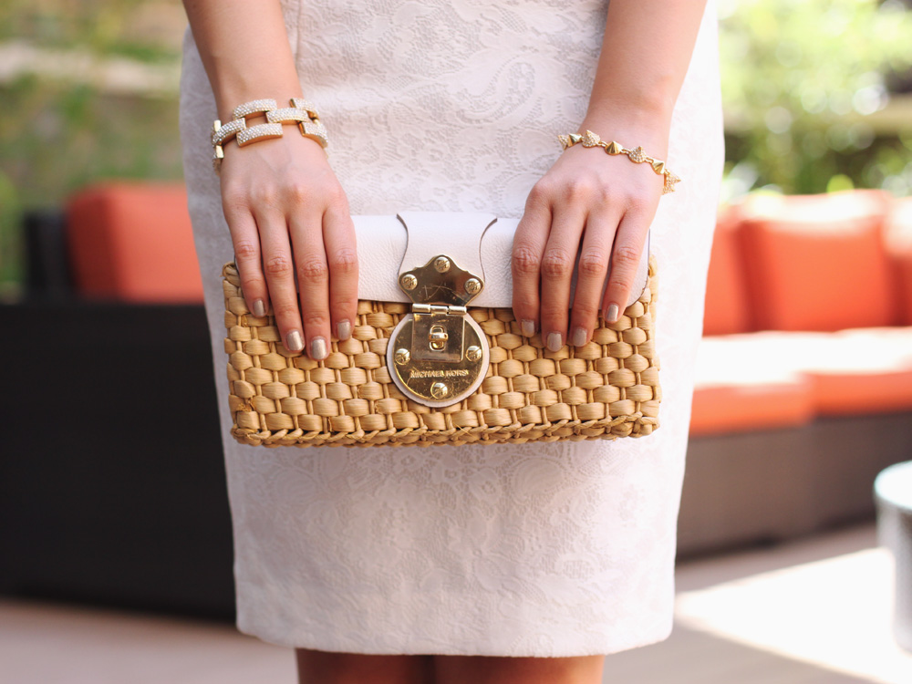 Skirt The Rules Blog; NYC fashion blogger; style blog; summer outfit; Forever 21 navy and white tank; J.Crew Double Tassel necklace; Zara white lace pencil skirt; Michael Kors white leather straw clutch; J.Crew pave square link bracelet; CC SKYE Mercy Princess pave cone bracelet; Zara beige white colorblock sandal