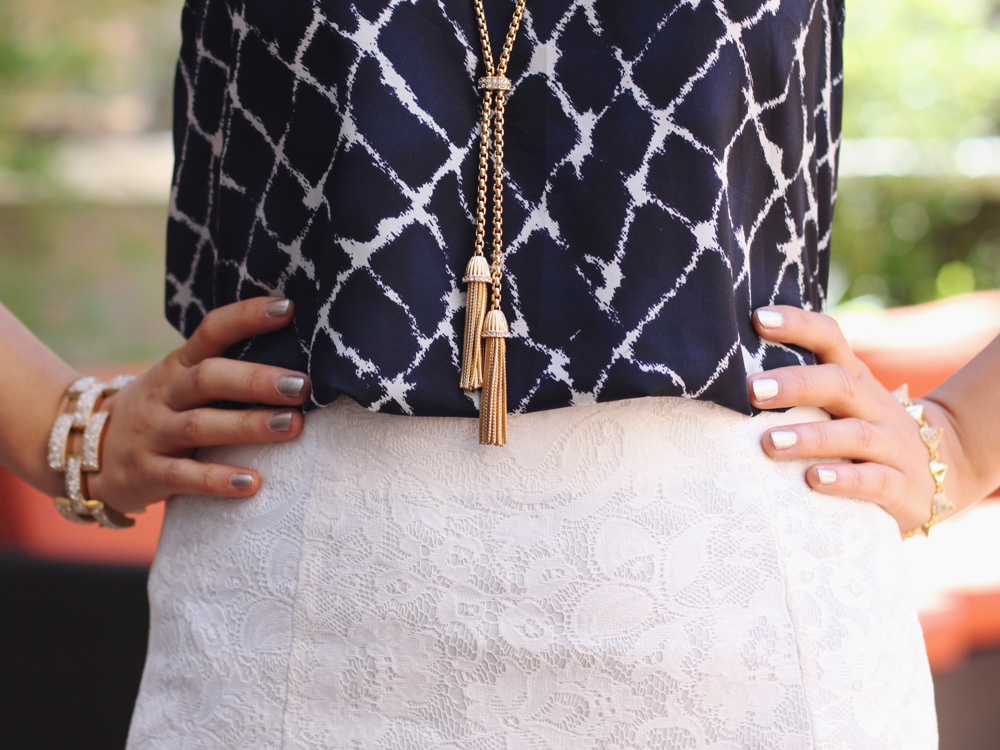 Skirt The Rules Blog; NYC fashion blogger; style blog; summer outfit; Forever 21 navy and white tank; J.Crew Double Tassel necklace; Zara white lace pencil skirt; Michael Kors white leather straw clutch; J.Crew pave square link bracelet; CC SKYE Mercy Princess pave cone bracelet; Zara beige white colorblock sandal