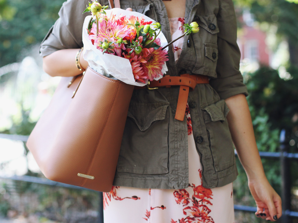 Skirt The Rules Blog; NYC fashion blogger; style blog; fall outfit photo; how to wear a summer dress for fall; Gap military utility jacket; coral floral summer dress; J.Crew cognac brown belt; Gigi Saddle Taylor Tote; Sam Edelman Sophia black and brown wedge; C. Wonder leopard calf hair skinny cuff