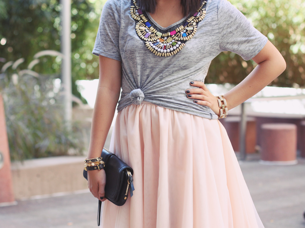 Skirt The Rules Blog; NYC fashion blogger; style blog; Big Star USA Rue embellished t-shirt; L. Mae Boutique pink ballerina tulle skirt; C. Wonder snakeskin skinny cuff bangle; CC Skye Mercy Princess pave cone bracelet; Juicy Couture pave pyramid leather bracelet; Diane von Furstenberg DVF black tassel clutch; Zara neon snake skin heels with buckles