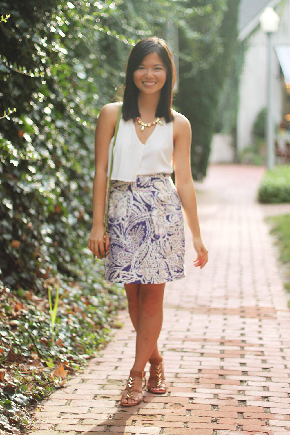 Skirt The Rules Blog; NYC fashion blogger; style blog; summer outfit photos; Line and Dot maxi pleat top in cream; Loft Botanical Print Summer Stroll Skirt; Courtney Kerr x BaubleBar Cerise Arrowhead Necklace; Coach Heritage Penny crossbody bag in lime green; Dolce Vita Helia gold chevron sandal wedges