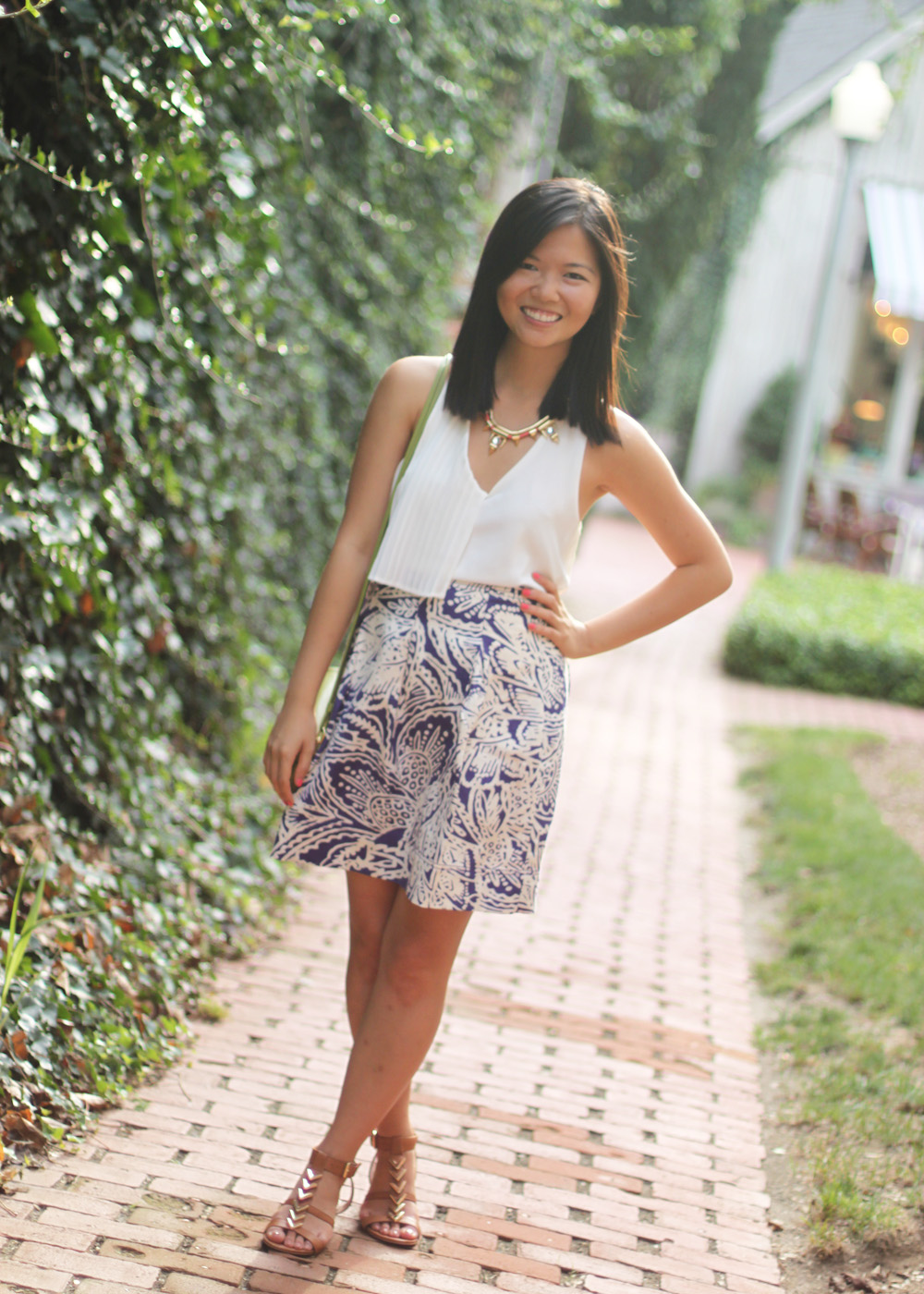 Skirt The Rules Blog; NYC fashion blogger; style blog; summer outfit photos; Line and Dot maxi pleat top in cream; Loft Botanical Print Summer Stroll Skirt; Courtney Kerr x BaubleBar Cerise Arrowhead Necklace; Coach Heritage Penny crossbody bag in lime green; Dolce Vita Helia gold chevron sandal wedges