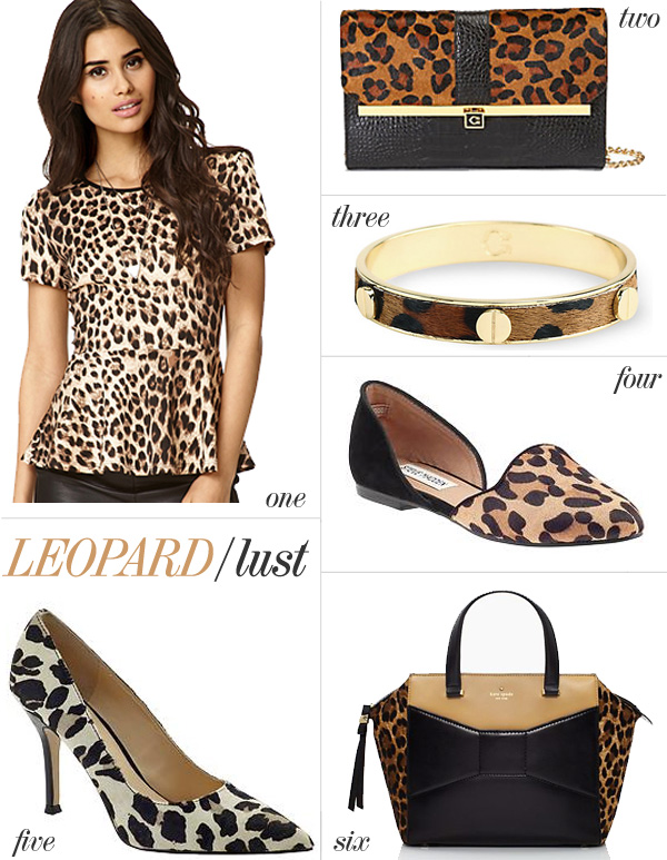 Skirt The Rules Blog; NYC fashion blogger; style blog; fall fashion essentials; shopping for leopard; Forever 21 Chic Leopard Peplum Top; C. Wonder Leopard Calf Hair Leather Tab Lock Clutch; C. Wonder Screw Stud Leopard Bangle; Steve Madden Leopard Vamp Loafer; Nine West Flax leopard pointed toe pump; Kate Spade 2 Park Avenue Beau Bag