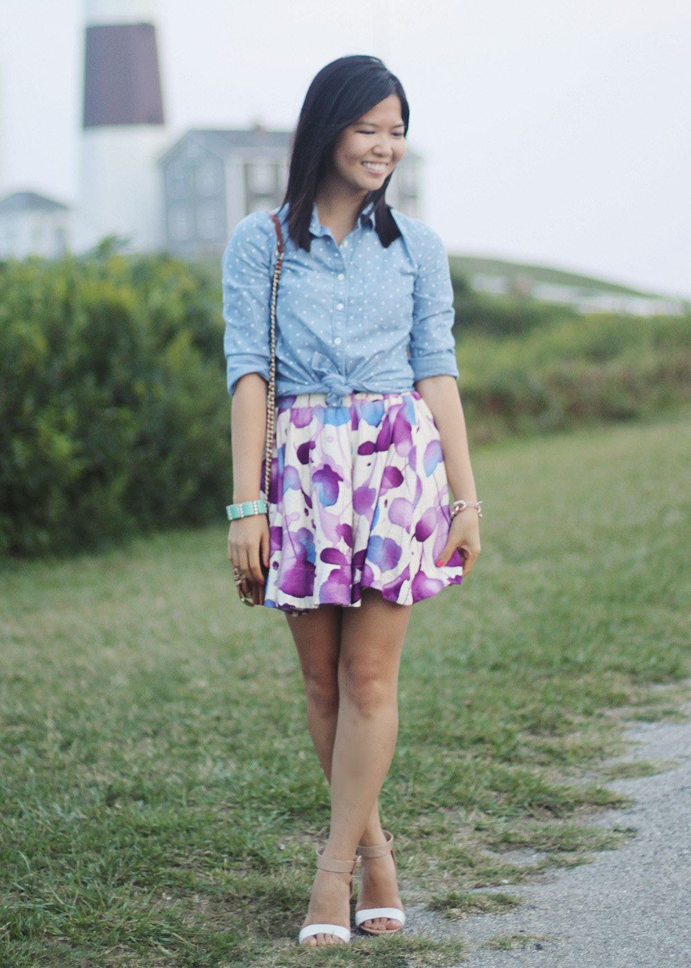 Skirt The Rules Blog; NYC fashion blogger; style blog; summer outfit photos; J.Crew chambray polka dot button up shirt; Forever 21 watercolor floral skirt; J.Crew turquoise stretch bracelet; Derng rosegold pave link bracelet; Rebecca Minkoff BF crossbody bag; Zara nude and white colorblock basic heel