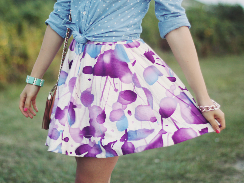 Skirt The Rules Blog; NYC fashion blogger; style blog; summer outfit photos; J.Crew chambray polka dot button up shirt; Forever 21 watercolor floral skirt; J.Crew turquoise stretch bracelet; Derng rosegold pave link bracelet; Rebecca Minkoff BF crossbody bag; Zara nude and white colorblock basic heel