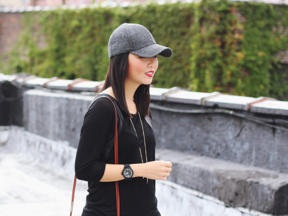 Skirt The Rules Blog; NYC fashion blogger; style blog; fall outfit photo; how to wear a baseball cap; Zara black leather panel top; Hollister white shorts; Sequin gold talon necklace;  Coach Legacy brown crossbody bag; Movado Esq One black silicone unisex watch; Joie Dylan leopard loafers; Essie white nail polish