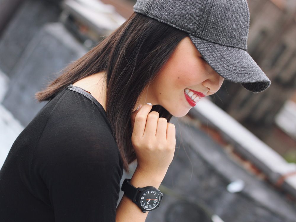 Skirt The Rules Blog; NYC fashion blogger; style blog; fall outfit photo; how to wear a baseball cap; Zara black leather panel top; Hollister white shorts; Sequin gold talon necklace;  Coach Legacy brown crossbody bag; Movado Esq One black silicone unisex watch; Joie Dylan leopard loafers; Essie white nail polish