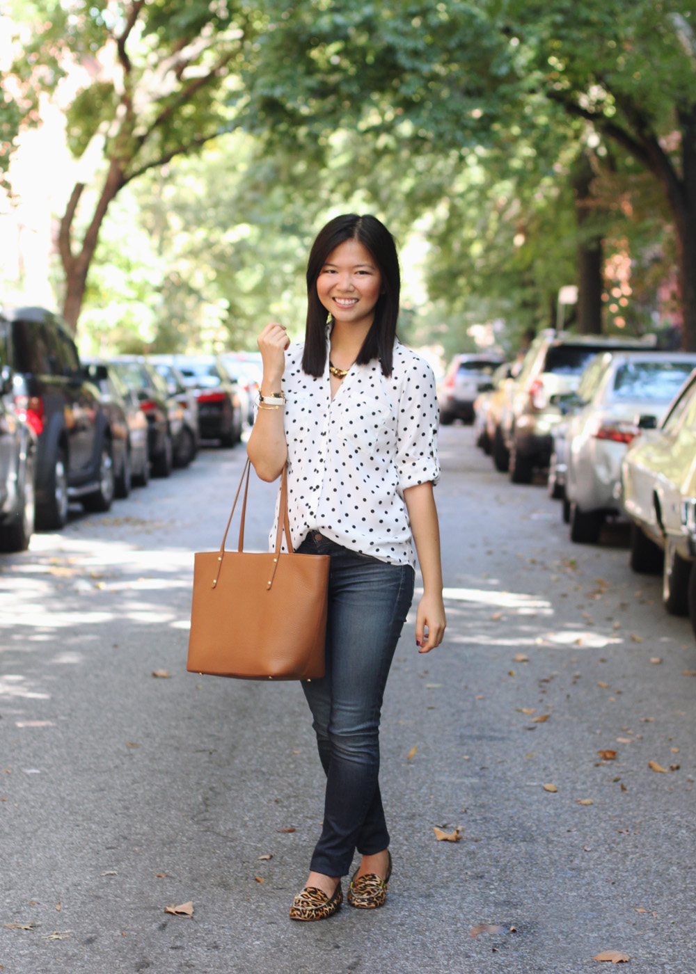 Skirt The Rules Blog; NYC fashion blogger; style blog; fall outfit photo; Express Portofinio Black and White Polka Dot Shirt; J Brand 811 Skinny Jeans; C. Wonder tortoise link necklace; Gigi New York Saddle Taylor Tote; Joie Dylan leopard loafers