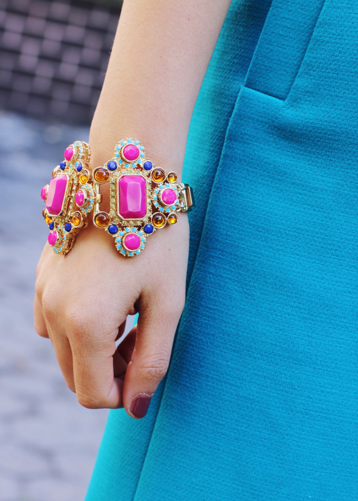 Skirt The Rules Blog; NYC fashion blogger; style blog; how to wear bright colors for fall; H&M textured structure shoulder top; Banana Republic welt pocket turquoise skirt; T&J Designs Crystal Necklace; Gigi New York All in One cobalt snake embossed clutch; Diane von Furstenberg DVF leopard calf hair pumps