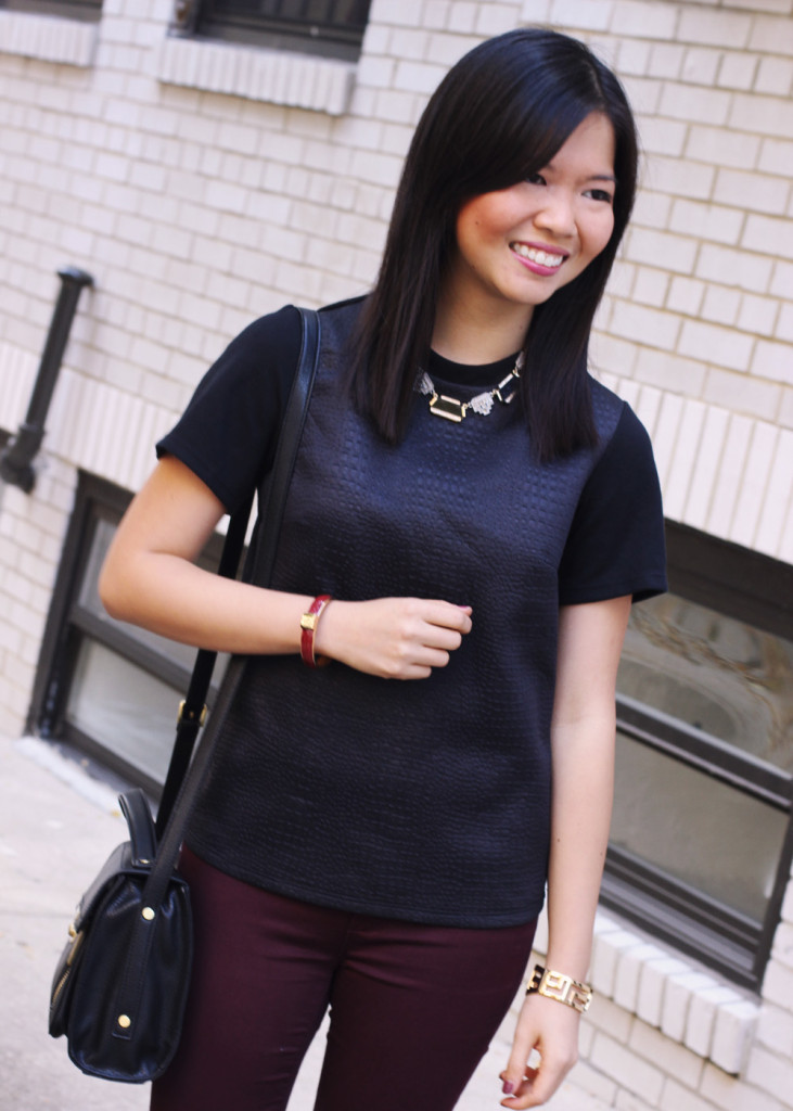 Skirt The Rules Blog; NYC fashion blogger; style blog; how to wear oxblood; Topshop snake embossed t-shirt top; Zara oxblood skinny jean leggings; zeroUV black mirror aviators; Sequin art deco necklace; Lipstick Rose Red Riding oxblood bangle bracelet; Forever 21 geometric gold bangle cuff; 3.1 Phillip Lim for Target black crossbody bag; Joie Clothing Dylan leopard studded loafers