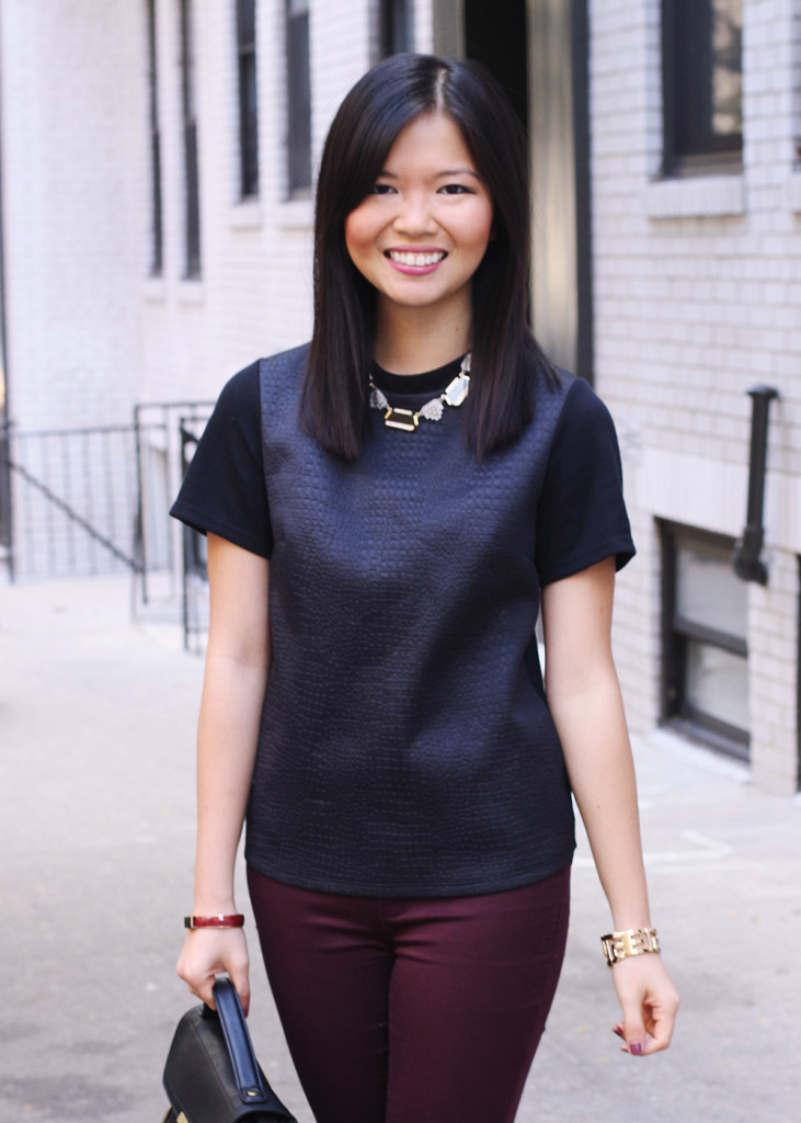 Skirt The Rules Blog; NYC fashion blogger; style blog; how to wear oxblood; Topshop snake embossed t-shirt top; Zara oxblood skinny jean leggings; zeroUV black mirror aviators; Sequin art deco necklace; Lipstick Rose Red Riding oxblood bangle bracelet; Forever 21 geometric gold bangle cuff; 3.1 Phillip Lim for Target black crossbody bag; Joie Clothing Dylan leopard studded loafers