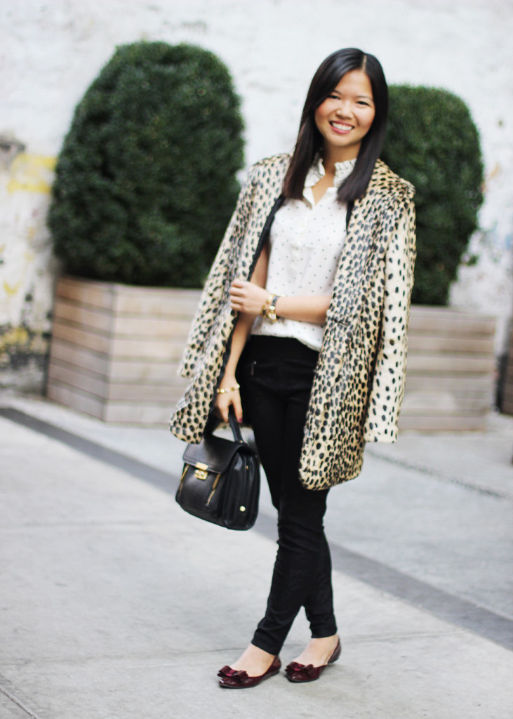 Skirt The Rules Blog; NYC fashion blogger; style blog; how to mix leopard and polka dots; ASOS leopard faux fur coat; J.Crew Factory polka dot Teagan ruffle popover; Promod black lace skinny pants; Michael Kors gold boyfriend watch; Juicy Couture pyramid pave leather bracelet; Gorjana and Griffin alphabet disc bracelet; CC Skye pave cone bracelet; 3.1 Phillip Lim for Target black satchel