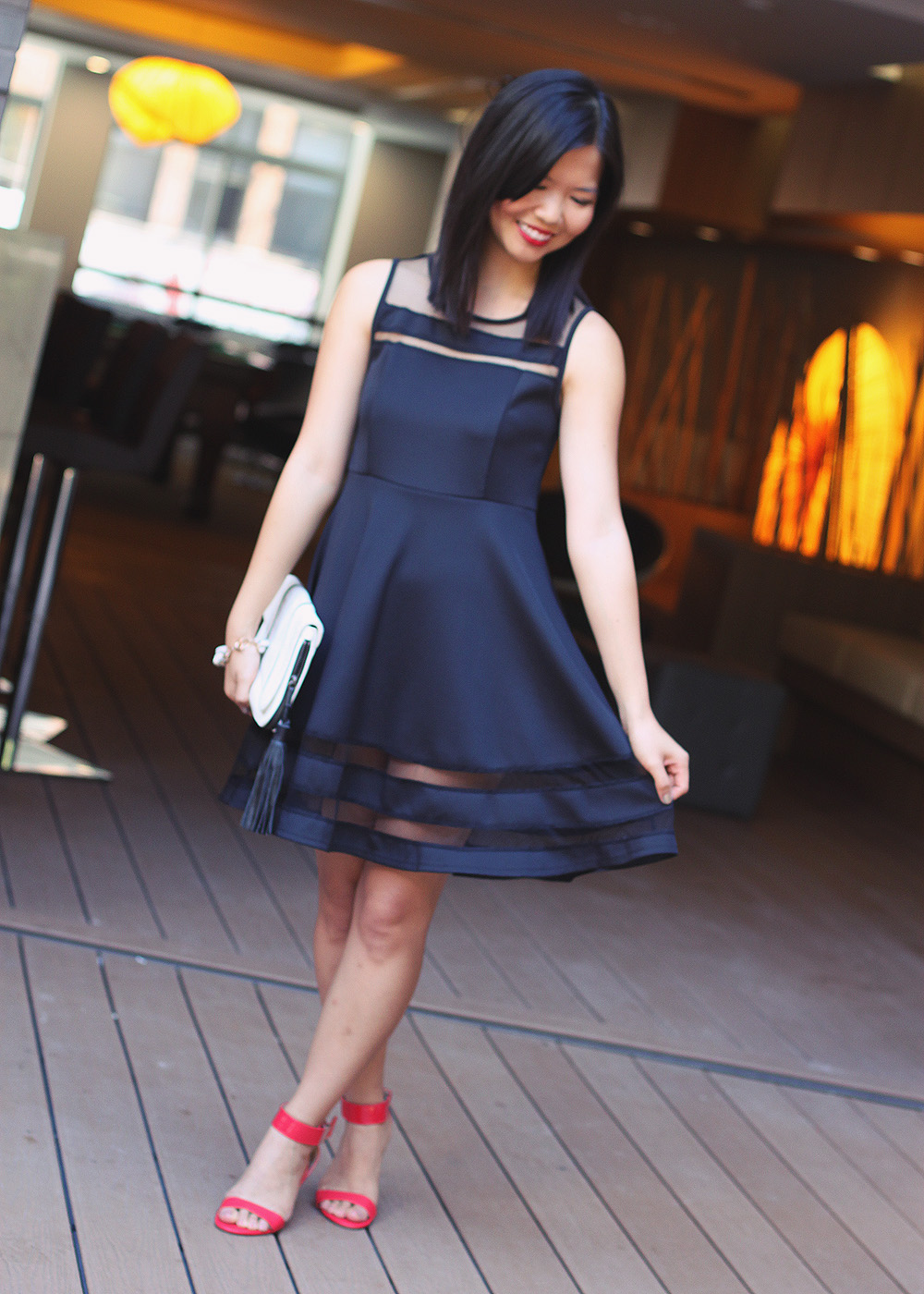 Skirt The Rules Blog; NYC fashion blogger; style blog; Le Tote black mesh stripe dress; ILY Couture Basilissa pave link bracelet; L.A.M.B. black and white clutch; Prabal Garung x Target red wedge sandals