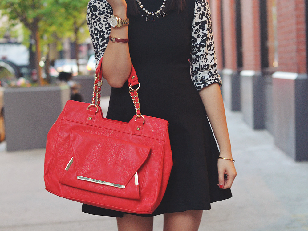 Skirt The Rules Blog; NYC fashion blogger; how to style a little black dress; how to wear a shirt under a dress; Zara black a-line skater skirt; J.Crew black and white snow leopard button up shirt; T&J Designs black statement necklace; Lipstick Rose Red Riding oxblood bangle bracelet; Michael Kors gold mother of pearl face boyfriend watch; Pour La Victoire Mai black patent wedge pumps; Olivia & Joy Rockefeller red satchel