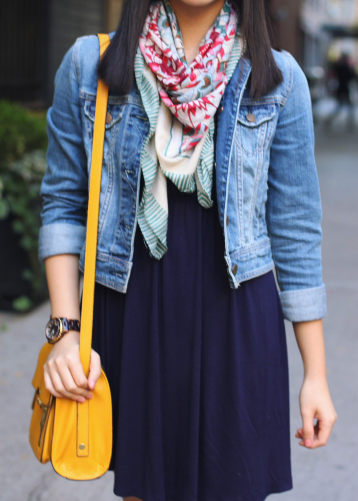 Skirt The Rules Blog; NYC fashion blogger; fall fashion; how to wear boots with a dress; Forever 21 navy dress; Forever 21 floral scarf; American Eagle denim jacket; 3.1 Phillip Lim for Target yellow crossbody satchel bag; Michael Kors tortoise boyfriend watch; DSW cognac ankle booties