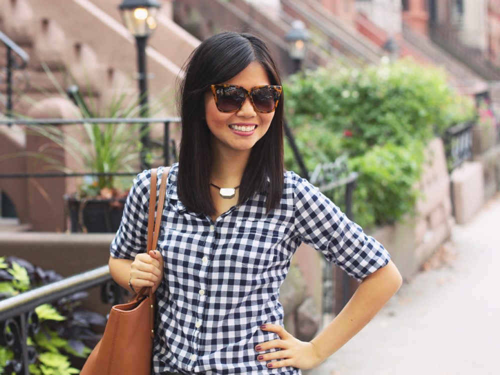 Skirt The Rules Blog; NYC fashion blogger; style blog; how to wear gingham in the fall; J.Crew navy gingham button up shirt; J.Crew olive 3" shorts; BaubleBar bronze geometric necklace; Gigi New York Taylor pebble leather tote; zeroUV designer inspired sunglasses; JewelMint leather wrap bracelet; Joie Dylan leopard loafers