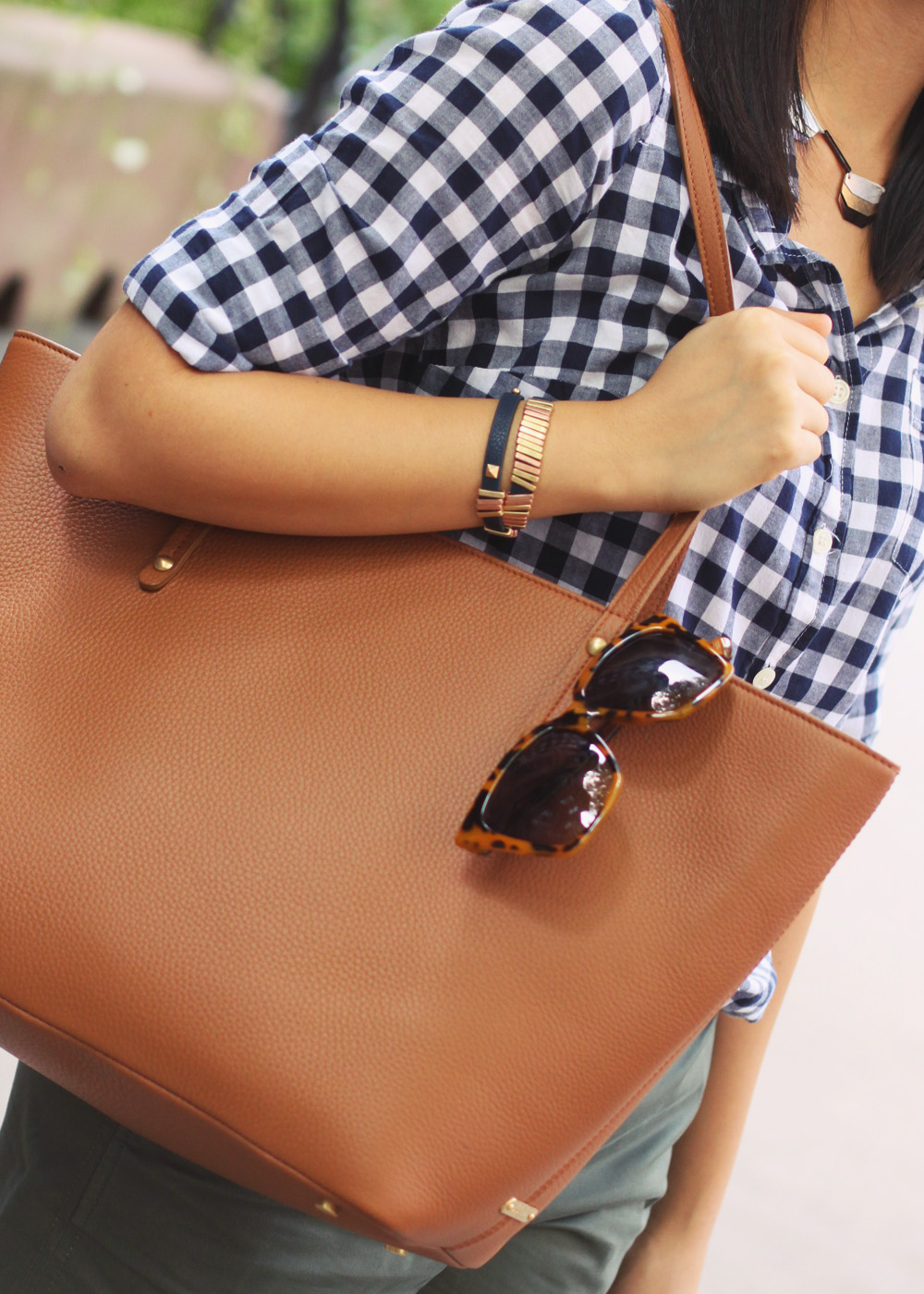 Skirt The Rules Blog; NYC fashion blogger; style blog; how to wear gingham in the fall; J.Crew navy gingham button up shirt; J.Crew olive 3" shorts; BaubleBar bronze geometric necklace; Gigi New York Taylor pebble leather tote; zeroUV designer inspired sunglasses; JewelMint leather wrap bracelet; Joie Dylan leopard loafers