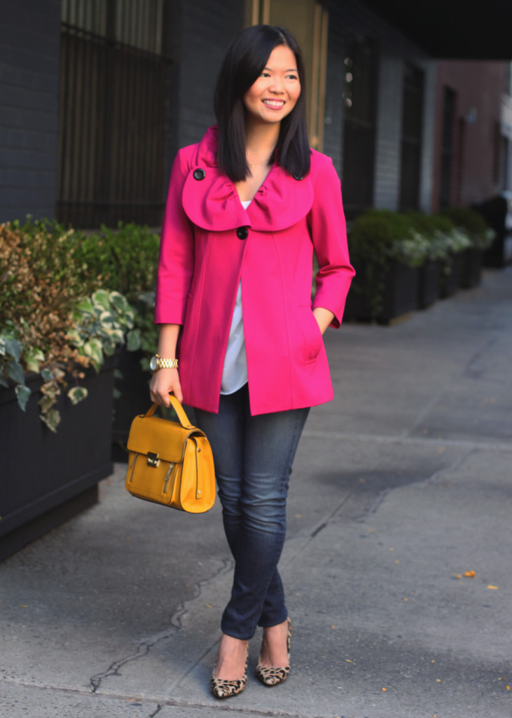Skirt The Rules Blog; NYC fashion blogger; Julie Brown Designs hot pink swing coat; Forever 21 chiffon cream blouse; JBrand 811 dark skinny jeans; Diane von Furstenberg DVF April leopard calfhair pumps; Michael Kors gold mother of pearl boyfriend watch; J.Crew square pave link bracelet; 3.1 Phillip Lim for Target yellow top handle satchel