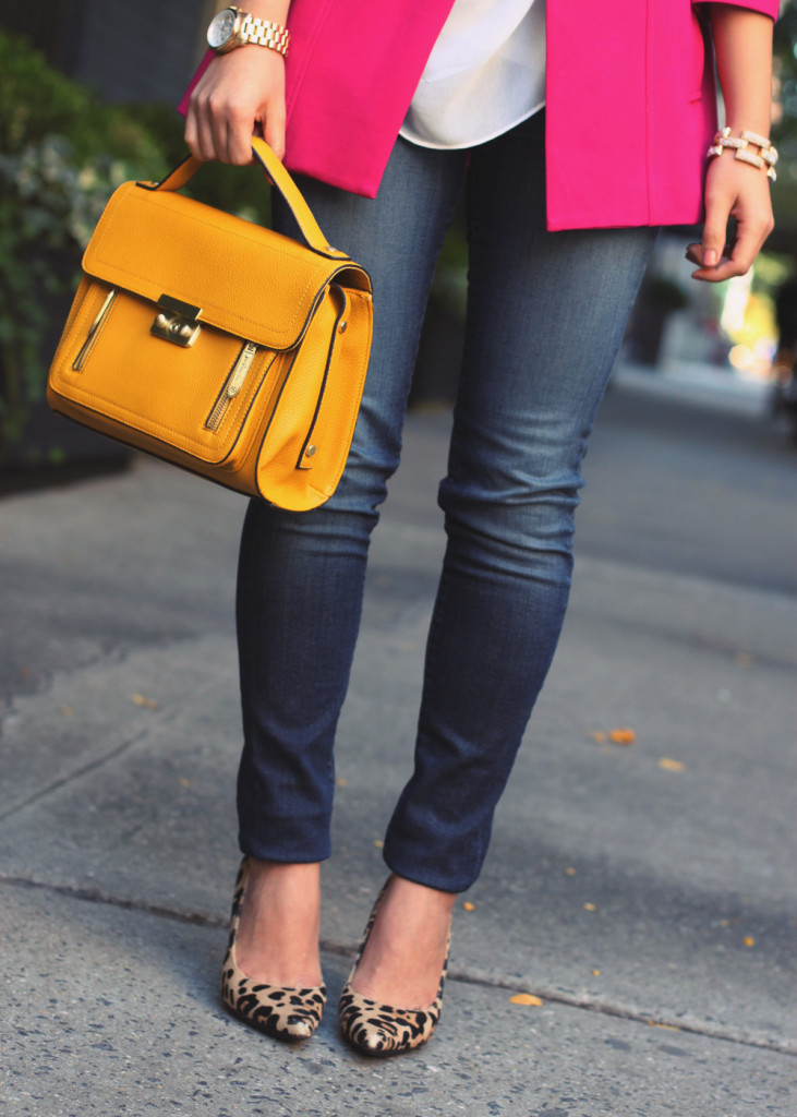 Skirt The Rules Blog; NYC fashion blogger; Julie Brown Designs hot pink swing coat; Forever 21 chiffon cream blouse; JBrand 811 dark skinny jeans; Diane von Furstenberg DVF April leopard calfhair pumps; Michael Kors gold mother of pearl boyfriend watch; J.Crew square pave link bracelet; 3.1 Phillip Lim for Target yellow top handle satchel