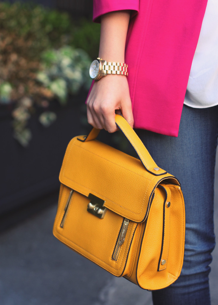 Skirt The Rules Blog; NYC fashion blogger; Julie Brown Designs hot pink swing coat; Forever 21 chiffon cream blouse; JBrand 811 dark skinny jeans; Diane von Furstenberg DVF April leopard calfhair pumps; Michael Kors gold mother of pearl boyfriend watch; J.Crew square pave link bracelet; 3.1 Phillip Lim for Target yellow top handle satchel