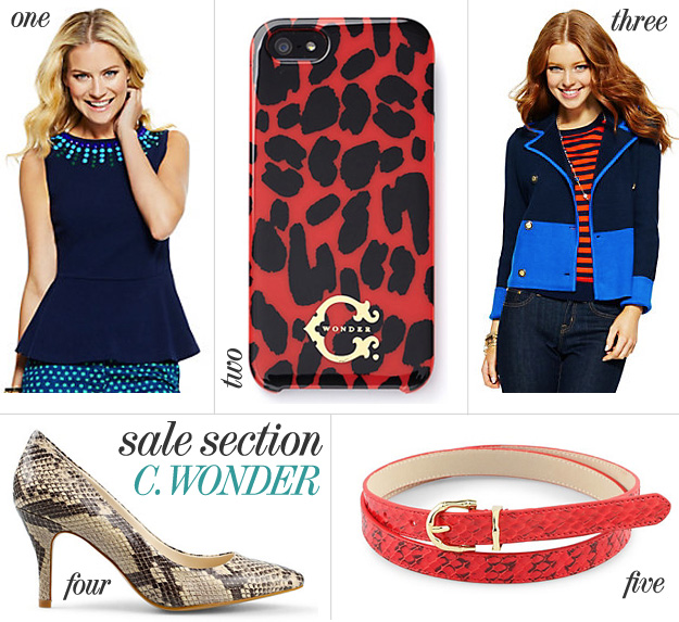 Skirt The Rules Blog; NYC fashion blogger; style blog; sale shopping collage; C. Wonder Additional 30% Off Sale Items; C. Wonder Sunburst Beaded Top; C. Wonder Red Leopard iPhone Case; C. Wonder Cotton Wool Tipped Blazer; C. Wonder Snake Embossed Pointed Toe Pump; C. Wonder Bamboo Buckle Snakeskin Belt