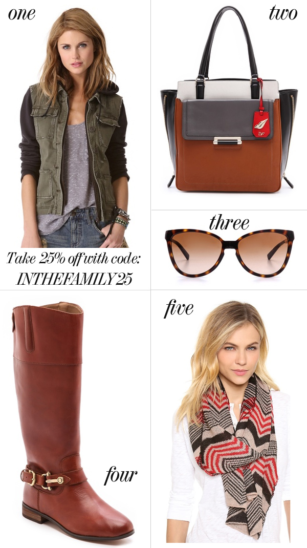 Skirt the Rules Blog; NYC fashion blogger; style blog; shopping collage; Shopbop Friends and Family Sale; Take 25% with the code: INTHEFAMILY25; Free People Pieced Twill Jacket; Diane von Furstenberg DVF Highline Colorblock Tote; Tory Burch Modern Foldable Sunglasses; Dolce Vita Channy Tall Boots; Spun Scarves by Subtle Luxury Infinity Vintage Scarf