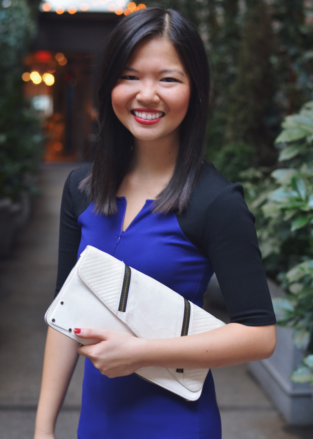 Skirt The Rules Blog; NYC fashion blogger; Baukjen Carlisle black and blue shift dress; L.A.M.B. black and white clutch; Gorjana & Griffin gold alphabet disc bracelet; Pour La Victoire Mai black patent wedge pump; zeroUV mirrored aviator sunglasses