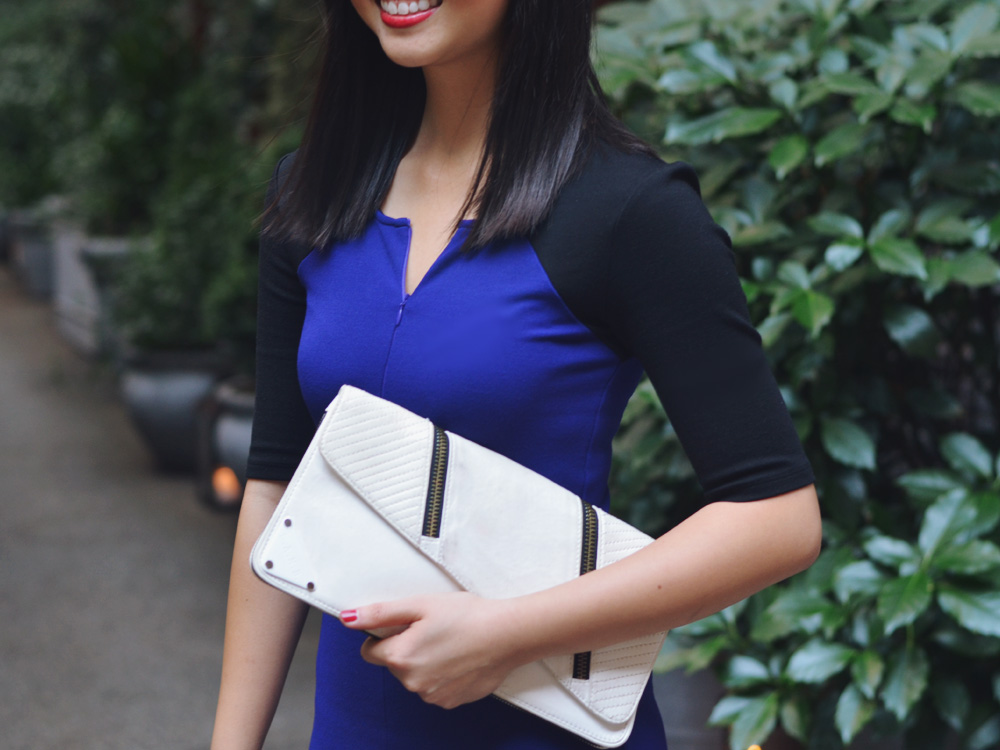 Skirt The Rules Blog; NYC fashion blogger; Baukjen Carlisle black and blue shift dress; L.A.M.B. black and white clutch; Gorjana & Griffin gold alphabet disc bracelet; Pour La Victoire Mai black patent wedge pump; zeroUV mirrored aviator sunglasses