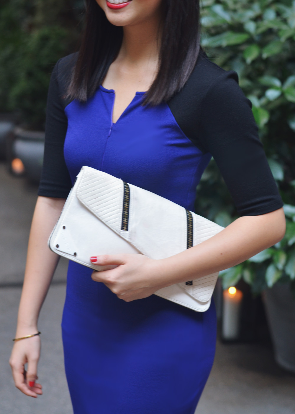 Skirt The Rules Blog; NYC fashion blogger; Baukjen Carlisle black and blue shift dress; L.A.M.B. black and white clutch; Gorjana & Griffin gold alphabet disc bracelet; Pour La Victoire Mai black patent wedge pump; zeroUV mirrored aviator sunglasses