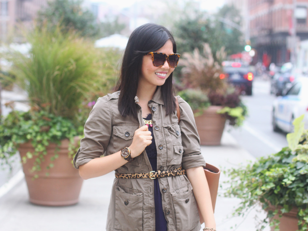 Skirt The Rules Blog; NYC fashion blogger; style blog; Gap military utility jacket; Forever 21 navy blue lace dress; T&J Designs maroon oxblood statement necklace; C. Wonder leopard calf hair skinny belt; Gigi Taylor saddle pebble leather tote; Michael Kors tortoise boyfriend watch; Madewell maroon oxblood vintage inspired bracelet; DV by Dolce Vita Helia gold chevron sandal wedge; zeroUV designer inspired tortoise oversized sunglasses