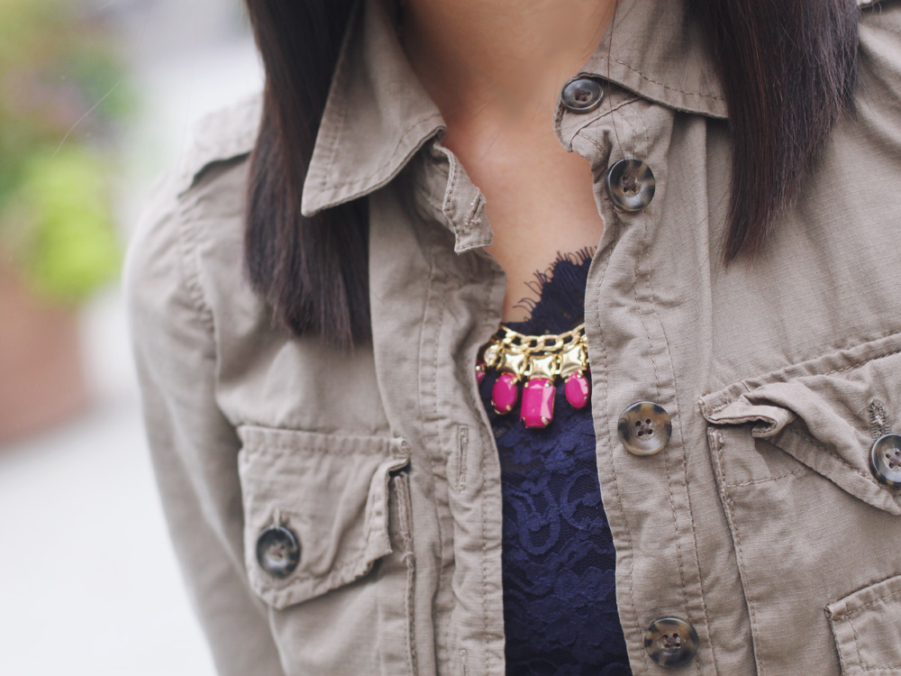 Skirt The Rules Blog; NYC fashion blogger; style blog; Gap military utility jacket; Forever 21 navy blue lace dress; T&J Designs maroon oxblood statement necklace; C. Wonder leopard calf hair skinny belt; Gigi Taylor saddle pebble leather tote; Michael Kors tortoise boyfriend watch; Madewell maroon oxblood vintage inspired bracelet; DV by Dolce Vita Helia gold chevron sandal wedge; zeroUV designer inspired tortoise oversized sunglasses