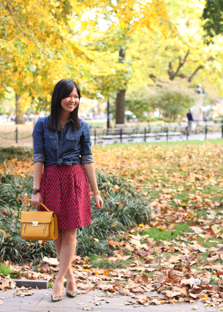 Skirt The Rules Blog; NYC fashion blogger; style blog; Banana Republic denim button up shirt; LOFT cranberry chevron skirt; C. Wonder tortoise link necklace; 3.1 Phillip Lim for Target yellow satchel bag; Michael Kors tortoise watch; Forever 21 gold geometric bracelet; Diane von Furstenberg DVF leopard calf hair pump