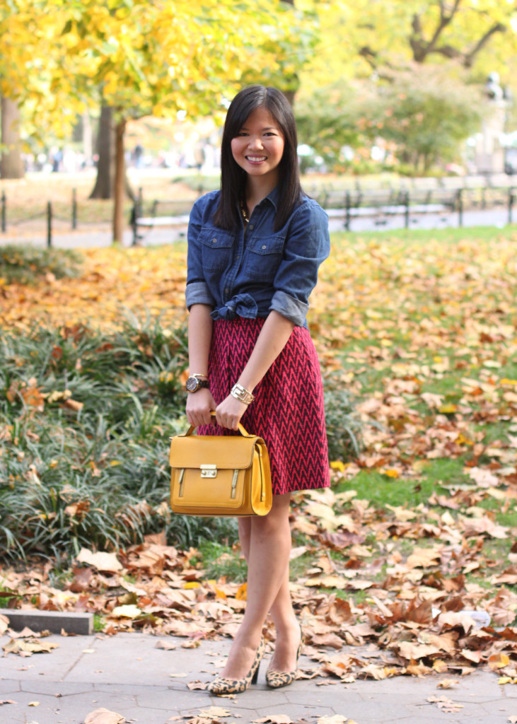Skirt The Rules Blog; NYC fashion blogger; style blog; Banana Republic denim button up shirt; LOFT cranberry chevron skirt; C. Wonder tortoise link necklace; 3.1 Phillip Lim for Target yellow satchel bag; Michael Kors tortoise watch; Forever 21 gold geometric bracelet; Diane von Furstenberg DVF leopard calf hair pump