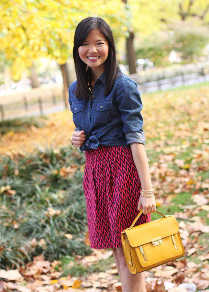 Skirt The Rules Blog; NYC fashion blogger; style blog; Banana Republic denim button up shirt; LOFT cranberry chevron skirt; C. Wonder tortoise link necklace; 3.1 Phillip Lim for Target yellow satchel bag; Michael Kors tortoise watch; Forever 21 gold geometric bracelet; Diane von Furstenberg DVF leopard calf hair pump