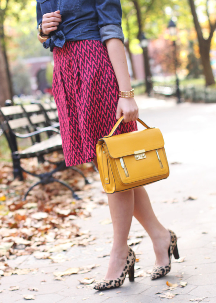 Skirt The Rules Blog; NYC fashion blogger; style blog; Banana Republic denim button up shirt; LOFT cranberry chevron skirt; C. Wonder tortoise link necklace; 3.1 Phillip Lim for Target yellow satchel bag; Michael Kors tortoise watch; Forever 21 gold geometric bracelet; Diane von Furstenberg DVF leopard calf hair pump