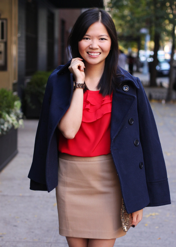 Skirt The Rules Blog; NYC fashion blogger; style blog; how to wear red and navy college colors; Julie Brown red ruffle blouse; J.Crew navy wool peacoat; Express camel pencil skirt; Michael Kors tortoise watch; Forever 21 gold geometric bracelet; Gorjana and Griffin alphabet disc bracelet; C. Wonder leopard skinny cuff; Hello Fab gold sequin glam clutch; Diane von Furstenberg DVF leopard calf hair pumps