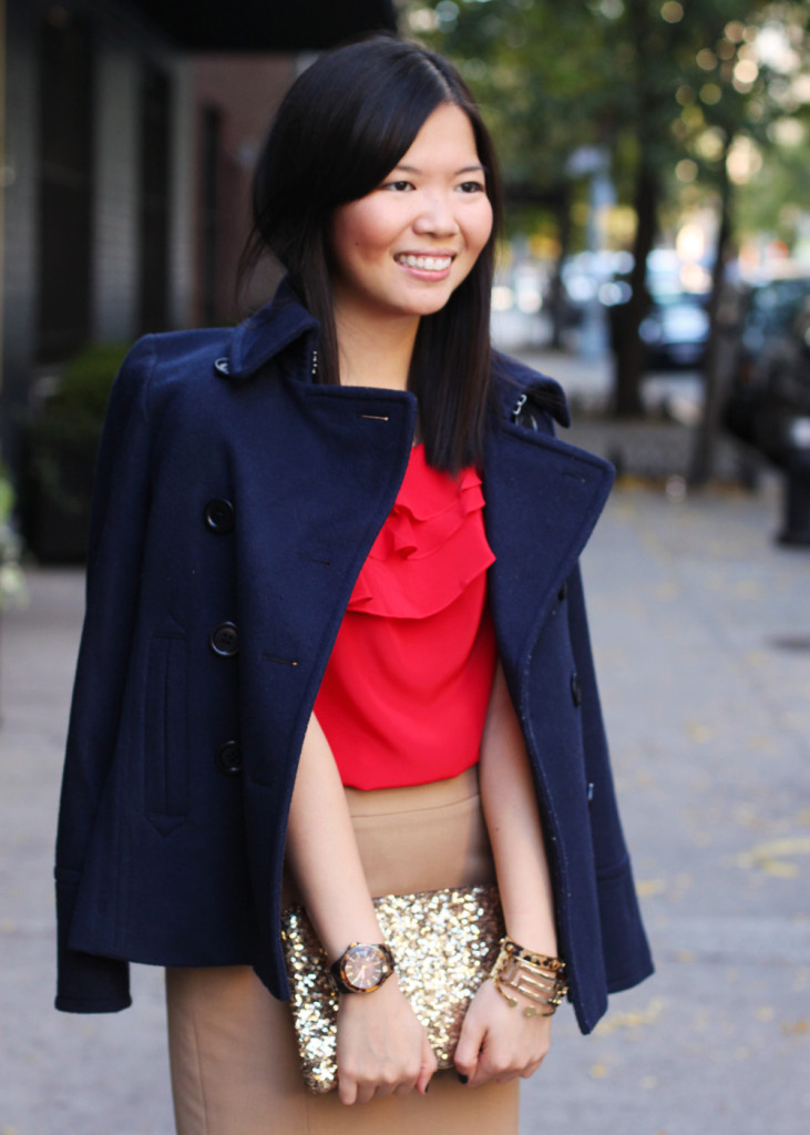 Skirt The Rules Blog; NYC fashion blogger; style blog; how to wear red and navy college colors; Julie Brown red ruffle blouse; J.Crew navy wool peacoat; Express camel pencil skirt; Michael Kors tortoise watch; Forever 21 gold geometric bracelet; Gorjana and Griffin alphabet disc bracelet; C. Wonder leopard skinny cuff; Hello Fab gold sequin glam clutch; Diane von Furstenberg DVF leopard calf hair pumps