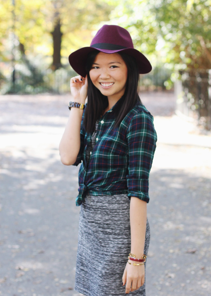Skirt The Rules Blog; NYC fashion blogger; style blog; how to mix plaid and leopard; J.Crew green plaid button up shirt; Loft heather gray t-shirt dress; C. Wonder tortoise square link necklace; Michael Kors tortoise watch; Diane von Furstenberg leopard pumps; Lipstick Rose oxblood bangle bracelet; Gorjana and Griffin alphabet disc bracelet; C. Wonder leopard skinny bangle cuff; Lulu*s Element Eden Burgundy felted wool fedora hat