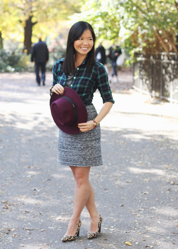 Skirt The Rules Blog; NYC fashion blogger; style blog; how to mix plaid and leopard; J.Crew green plaid button up shirt; Loft heather gray t-shirt dress; C. Wonder tortoise square link necklace; Michael Kors tortoise watch; Diane von Furstenberg leopard pumps; Lipstick Rose oxblood bangle bracelet; Gorjana and Griffin alphabet disc bracelet; C. Wonder leopard skinny bangle cuff; Lulu*s Element Eden Burgundy felted wool fedora hat