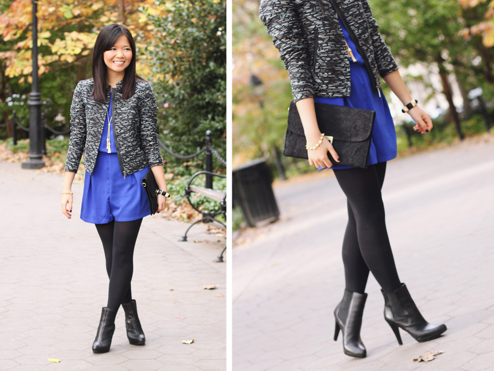 Textured Jacket and Blue Romper