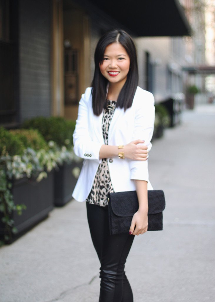 Zara White Blazer; C. Wonder Leopard Peplum Top